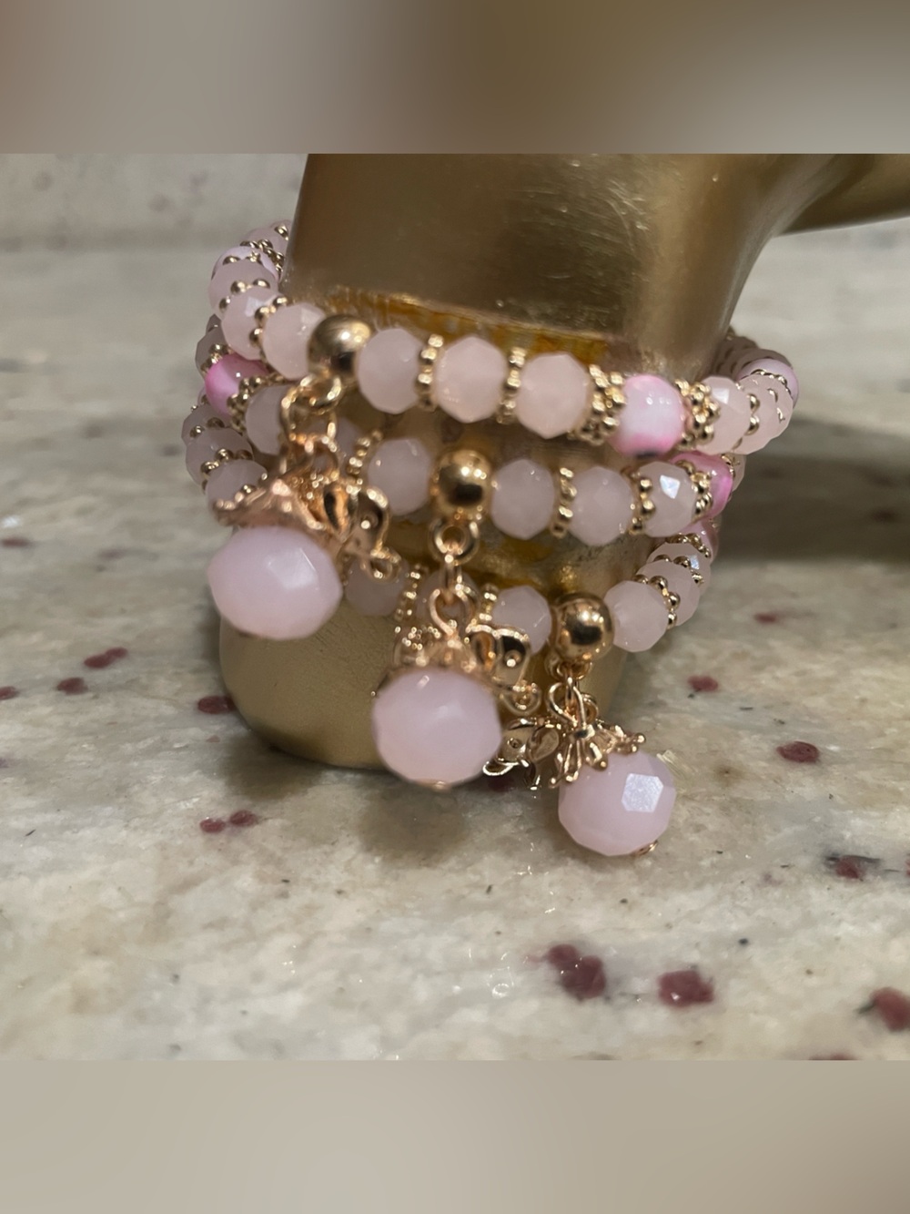 Delicate Pink Beaded Charm Bracelet Set w/ Elepant!